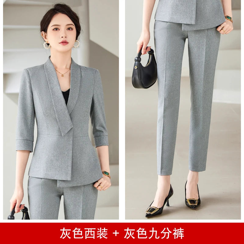 Maxy Women's Mid-Sleeve Blazer and Trousers Suit, Fashionable and Elegant, Spring and Summer, 2-Piece.