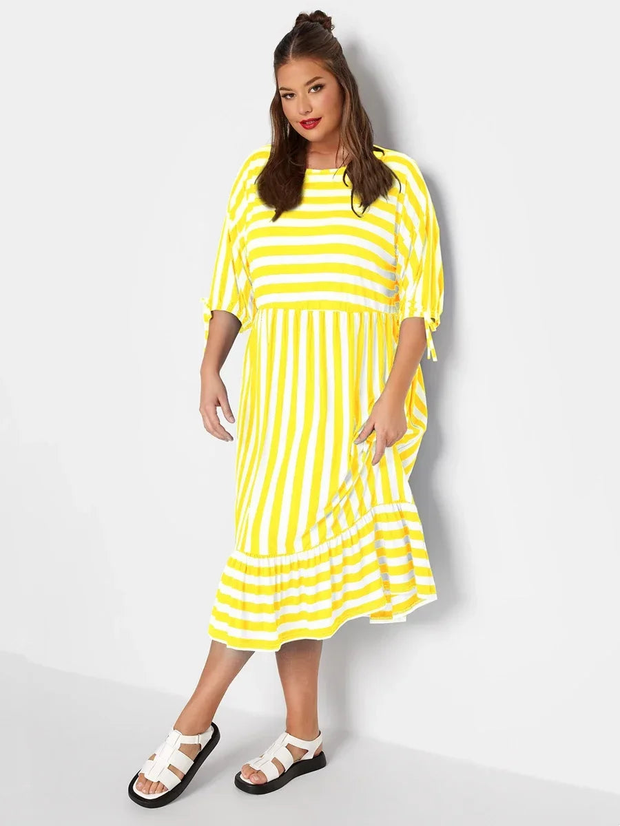 Maxy Plus Size Summer Elegant Striped Smock Dress Women Loose 3/4 Tie Sleeve Frill Hem Party Dress Casual Midi Maxy Tiered Dress 7XL