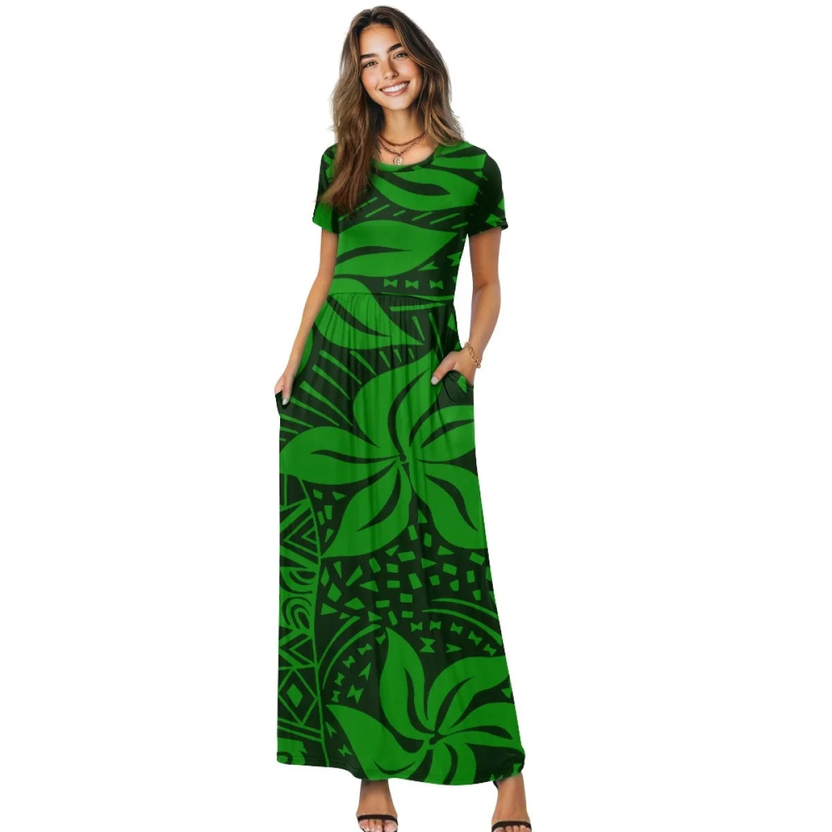 Maxy New Plumeria Style Short Sleeve Pleated Casual Dress Polynesian Loose Pocket Long Dress Women's Casual Comfortable