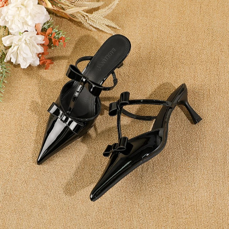 Maxy Elegant Patent Leather Bows Women's Heels Summer Sexy Pointed Toe High Heeled Slippers Fashion Design Sandals Ladies