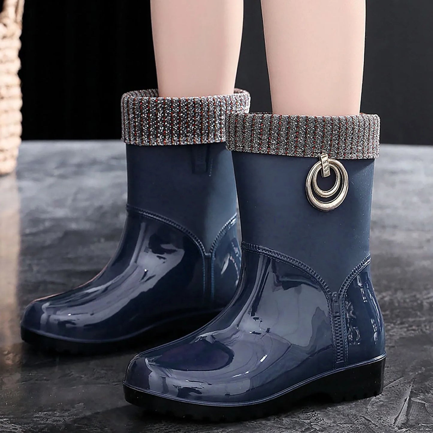 Maxy Punk Low Length Snow Boots Women's Non-Slip Dot Print Transparent Side Zipper Rain Boots Outdoor Wedge High Heels Water Shoes