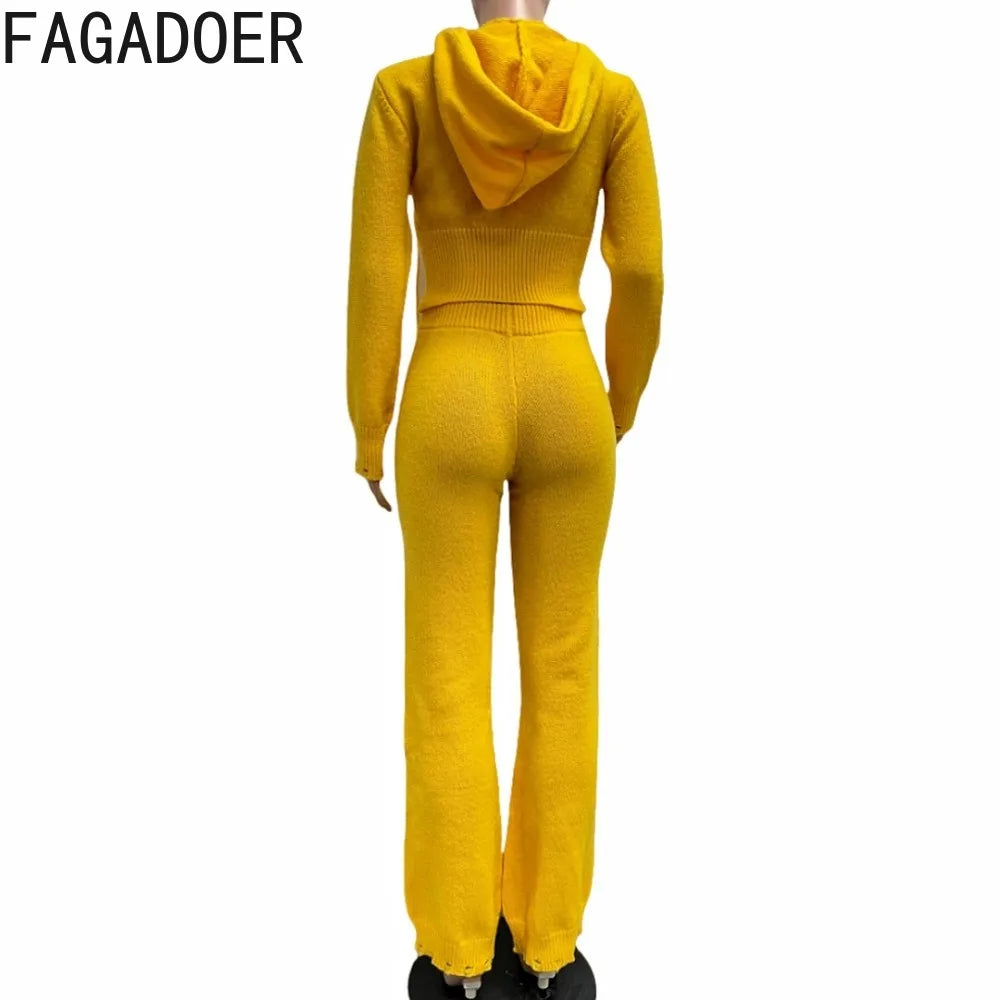 Maxy FAGADOER Casual Knitting 2 Piece Sets Women Outfit Solid Color Zip Crop Hooded Top + Flare Pants Suits Female Streetwear