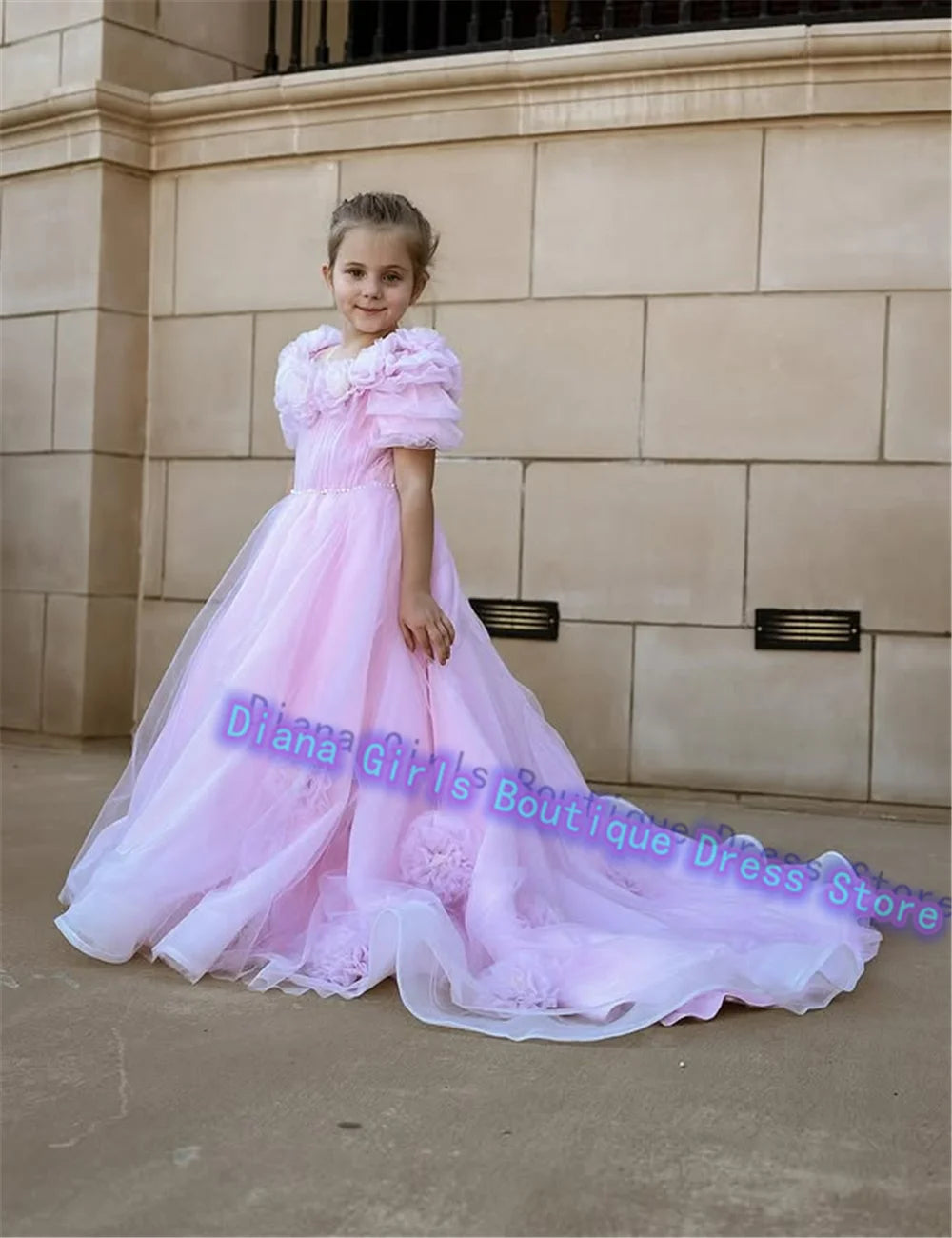 Maxy Princess Lovely Pink Flower Girl Dress Tulle Fluffy Wedding Dresses Appliqued Tiered Princess Little Girls Birthday Party Customise Gowns