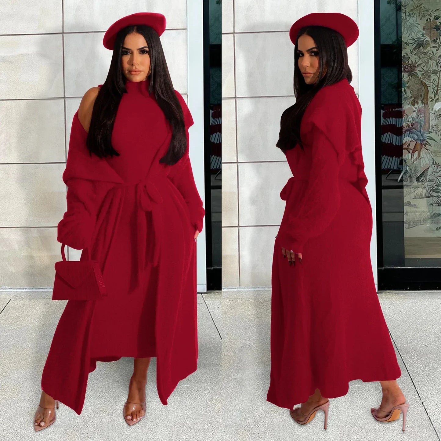 Maxy Women Dress Sets Two Piece Long Sleeve Round Neck Cardigan Solid Color Elastic Waist Casual Slim Fit Patchwork Autumn Belt