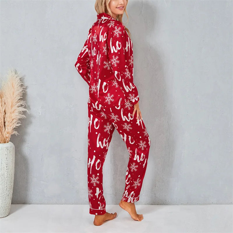 Maxy Autumn Women Pajamas Set Print Christmas Sleepwear 2Pcs Red Buttons Lapel Neck Shirt Tops + Elastic Waist Pants Sets Loungewear