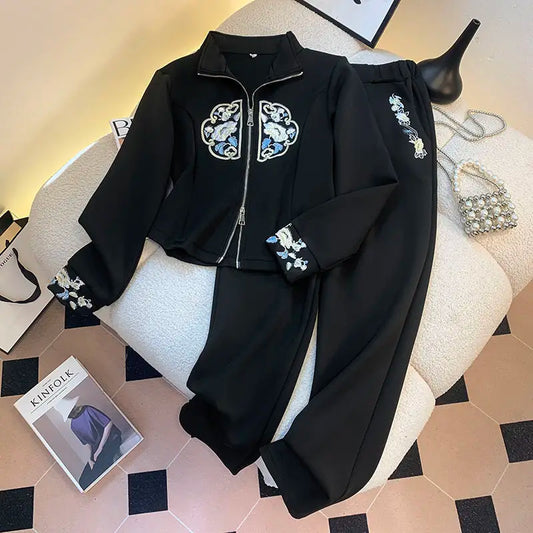Babs Office Lady Blazer Suits Vintage Two Piece Set Women Long Sleeve Short Blazer + High Waist Wide Leg Long Pants 2 Piece Outfits
