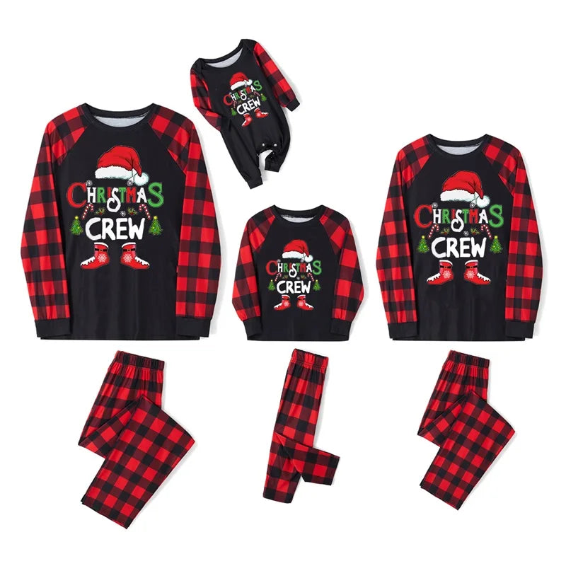Maxy Family Matching Christmas Pajamas, Baby Romper/Letter Christmas Hat Print Long Sleeve Tops + Plaid Pants Sleepwear Set