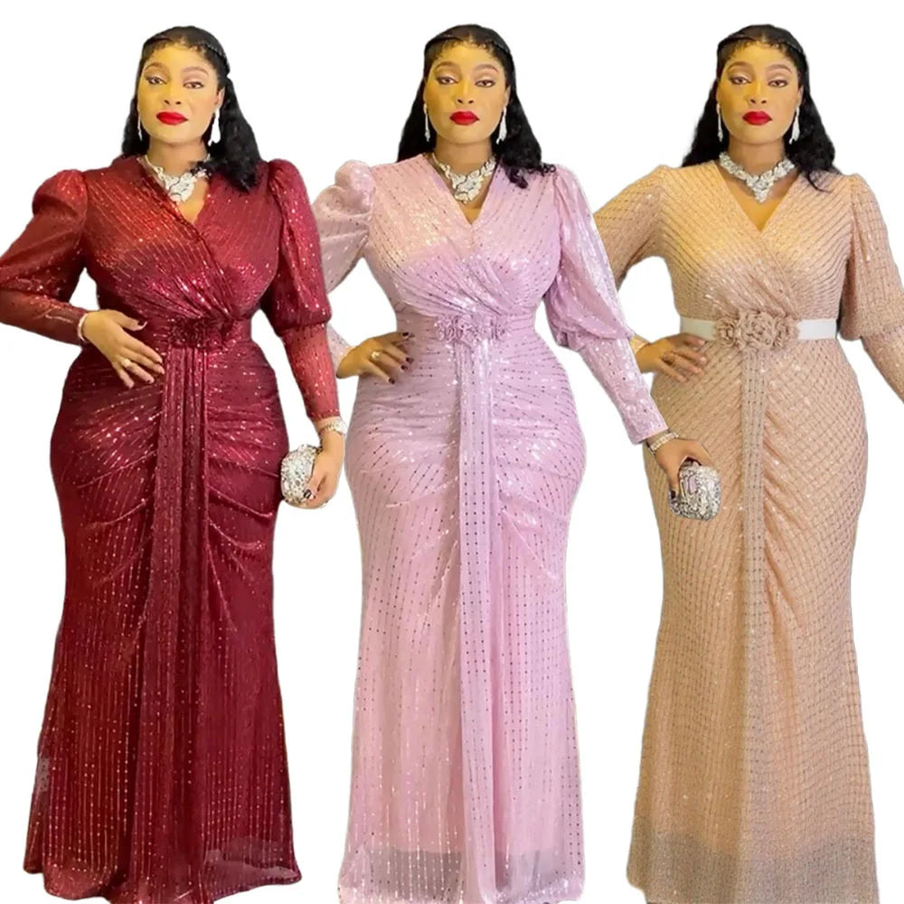 Amay Party Dresses for Woman Clothing Plus Size Dashiki Sequin Pink Robe Elegant Turkey Muslim Wedding Evening Gown