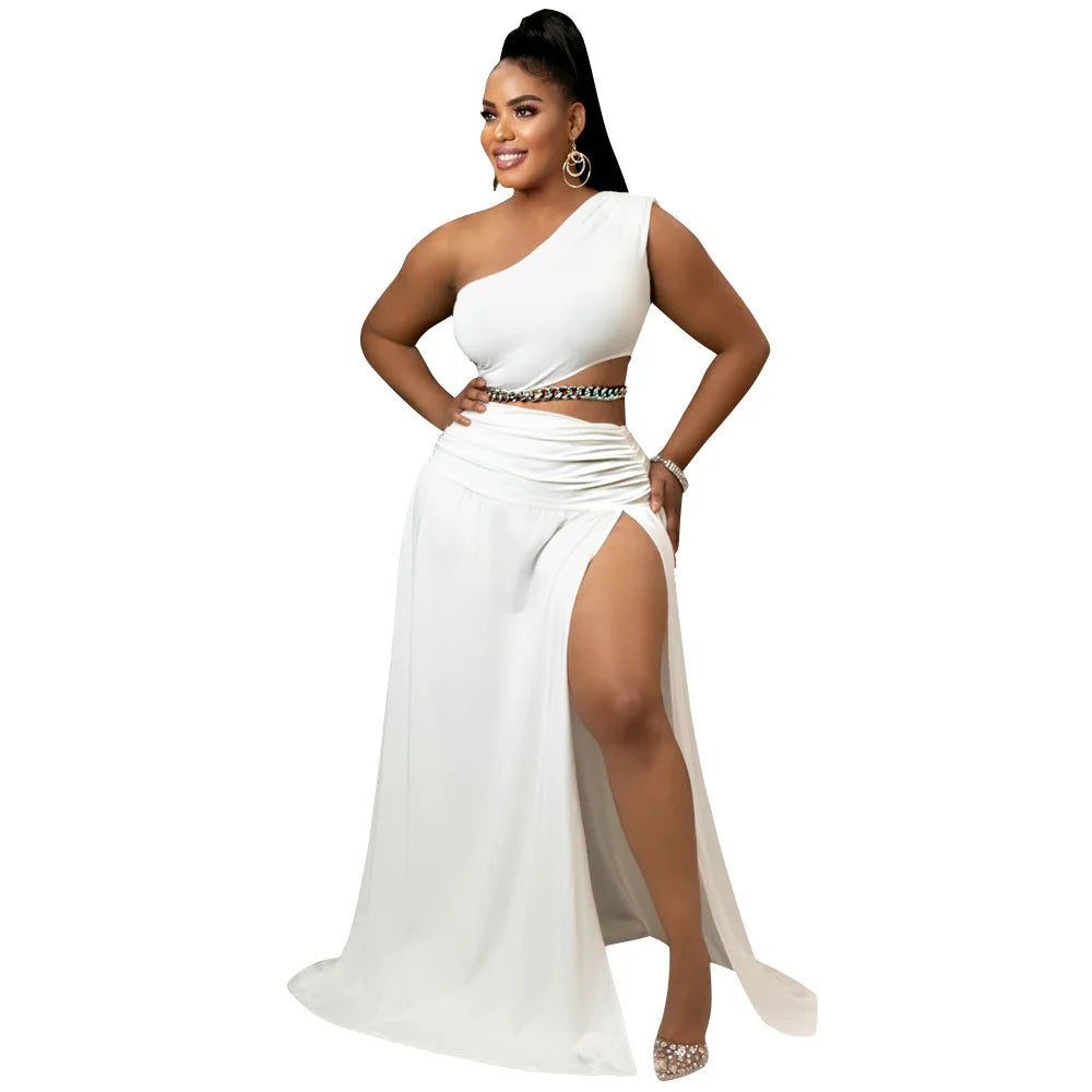 Maxy Women Clothes Set Sexy One Shoulder Crop Top Side Split A Line Skirt Beach Party Two Pieces Set Summer