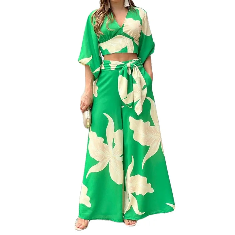 Maxy Vacation Beach Fashion Set Women's Fashion Spring V-neck Lantern Sleeve Top T-shirt Loose Sexy Lace Up Loose Pants Two Piece Set