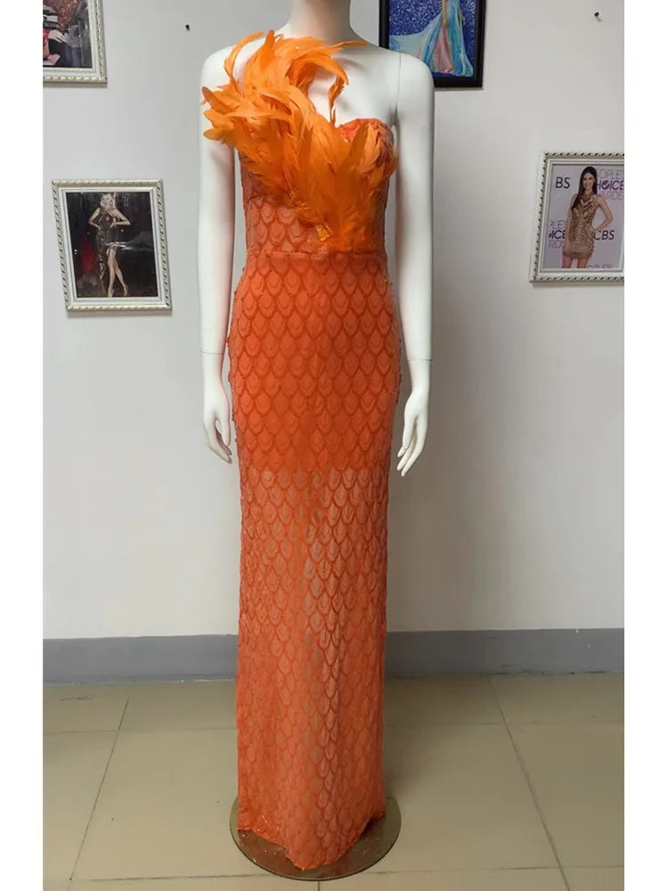 Babs Luxury Prom Gowns Women Orange Strapless Feathers Sequined Scale Two-Piece See-Through Celebrity Evening Party Dress Going Out