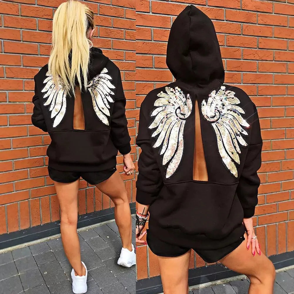 Maxy 2 Piece Sets Women Sequin Wings Pattern Back Slit Long Sleeve Hooded Sweatshirt & Casual Daily Shorts Suit Outfits Spring