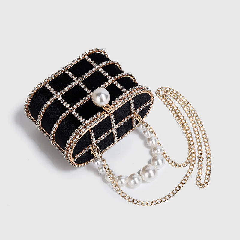 Maxy Luxury Diamond Metal Bucket Pearl Handle Women Party Clutch Purses and Handbags French design Ming Ai Wedding Chain Shoulder Bag
