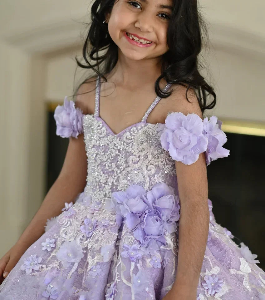 Maxy Lavender Flower Girl Dresses for Wedding Floral Appliques Bead Floor Length Girl Kids Birthday Party First Holy Communion Gowns