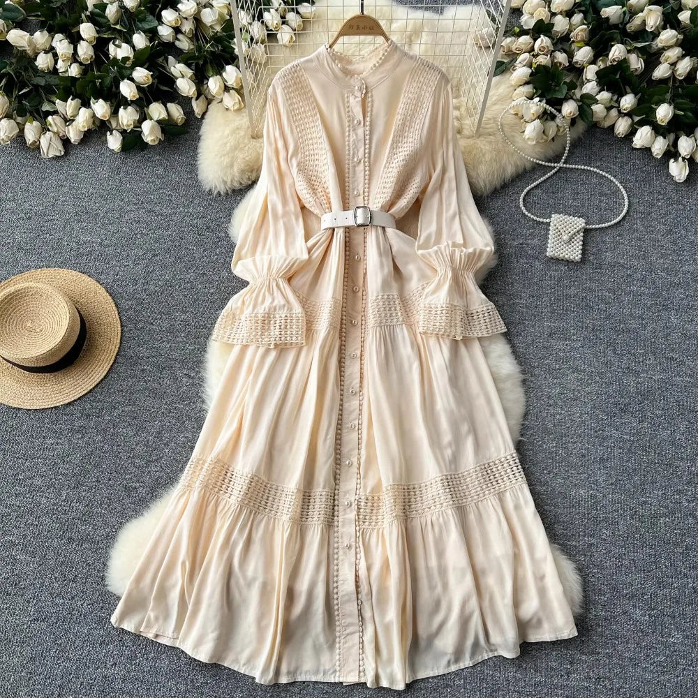 Maxy Retro Elegant Summer Stand Collar Flare Sleeve Single Breasted Lace Spliced Dress A-line French Evening Party Women Dresses