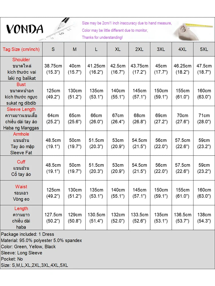 Maxy Plus Size Women Solid Color Maxy Dress VONDA Casual Oversize Round Neck Elegant Vestidos Long Sleeve Robe Ruffles Sundress