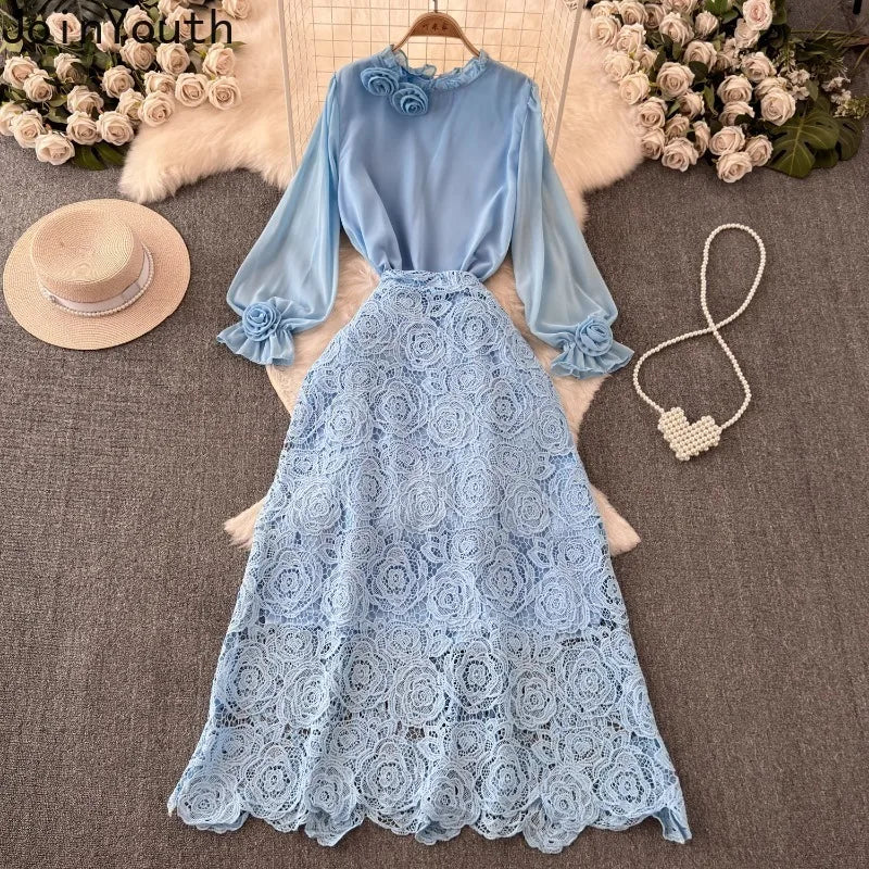 Women 2 Piece Sets Elegant Vintage O-neck 3D Flower Chiffon Shirts Hollow Out Lace Bodycon Skirts Suit Summer Two Piece Set