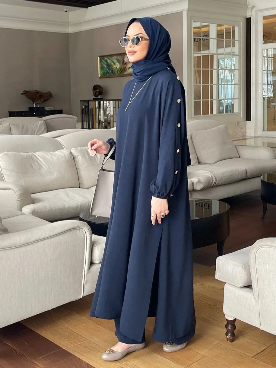 Maxy Muslim Dress for Women Blouse 2 Piece Set Long Sleeve Abaya Shirt Wide Leg Pant Suits Arabic Dubai Dresses Musulman Ensembles