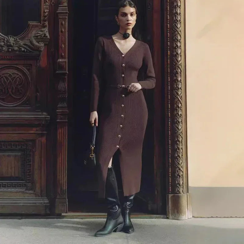 Amay Fall Knitted Slit Long Dress Women's Solid Ribbed Patchwork Cardigan Elegant Slim Party Dress Knitted Women's Long Dress