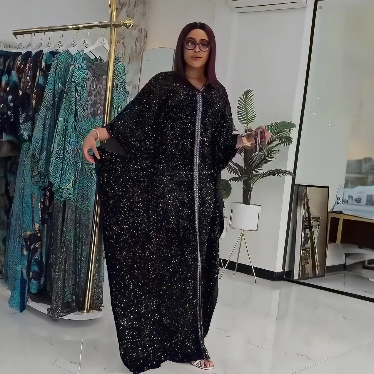 Maxy Black Dresses for Women Sequin Loose Boubou Robe Ankara Dashiki Africa Clothing Evening Party Gown Dubai Abaya Caftan