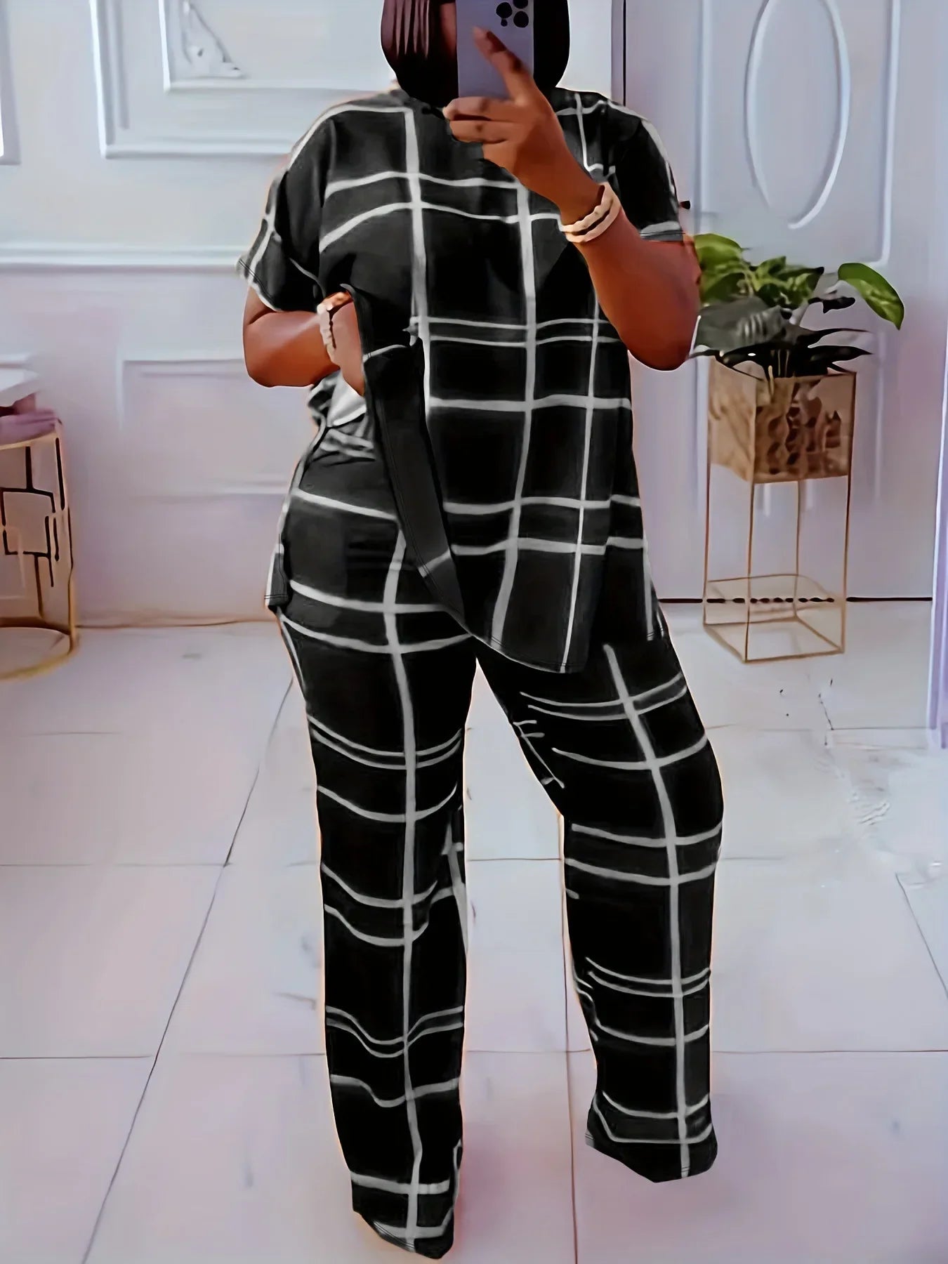 Maxy Plus Size Two Piece Outfits Women Loose Striped Short Sleeve Top Wide Leg Pants Set Tracksuits