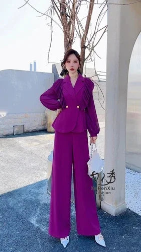 Temperament Suit Women Outfits 2023 Spring New Chiffon Ruffled Stitching Suit Coat High Waist Loose Wide Leg Pants Two-Piece Set