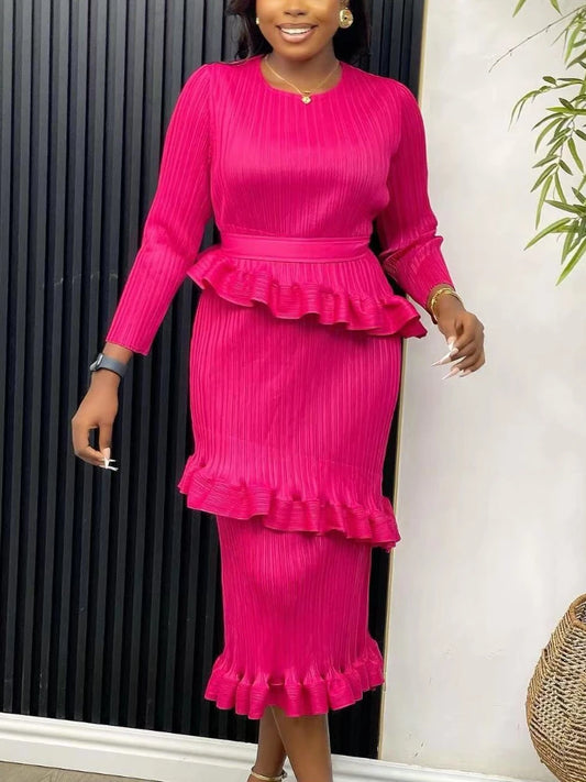 Babs Elegant Dresses for Women Long Sleeve O Neck Layered Ruffles Trim Bodycon Dress with Belt Stylish Chic Female Spring Outfits