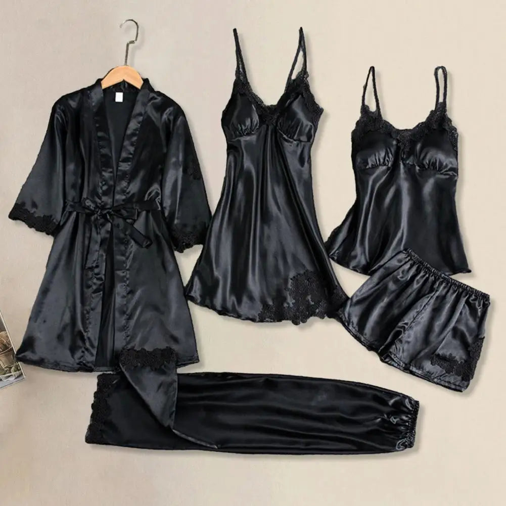 Silk Pajama Set Elegant Satin Lace Pajama Set with Lace-up Waist 5-piece Women's Nightwear Set Silky Nightgown with Top Shorts