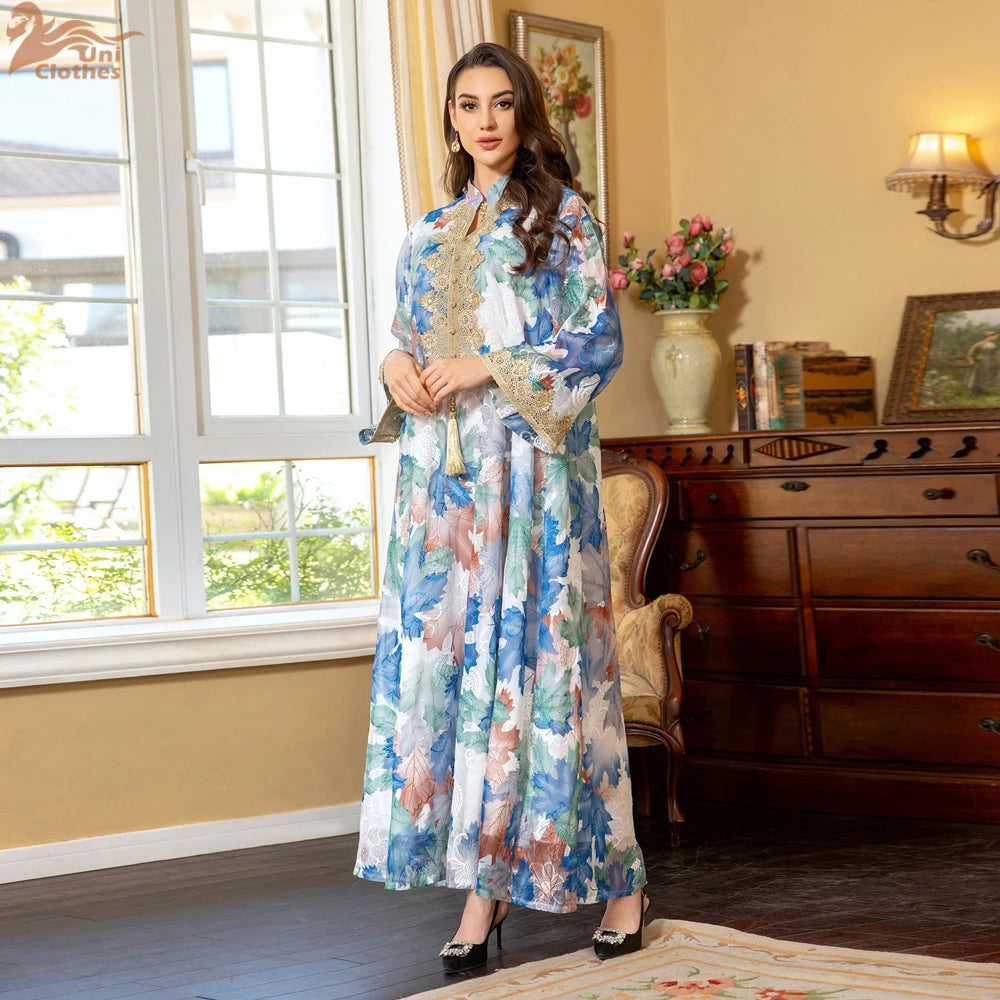 Uni Dubai Arab Fashion Printing Elegant Party Dresses Jalabiya Islamic Clothing Muslim Saudi Moroccan Women Kaftan Eid Robe