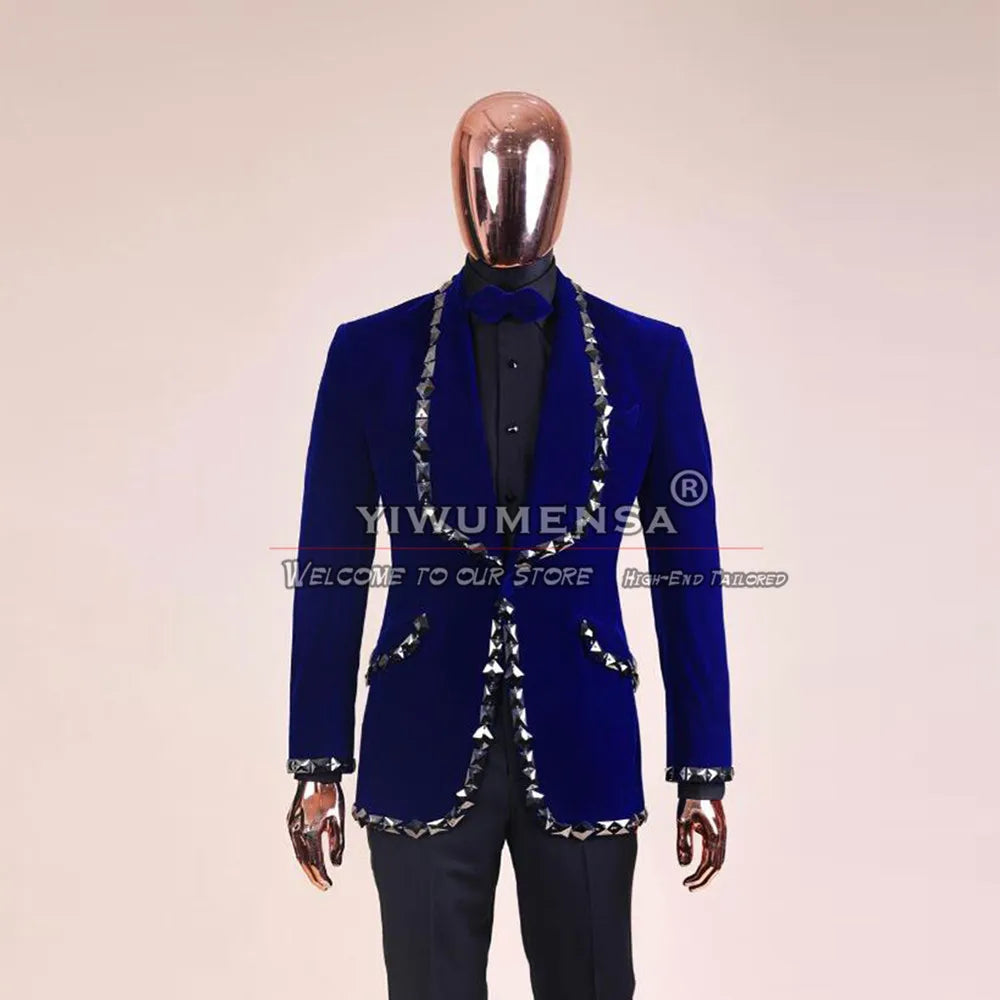 Visco Royal Blue Velvet Wedding Suits for Men Slim Fit Crystals Beaded Jacket with Black Pants 2 Pieces Set Groom Prom