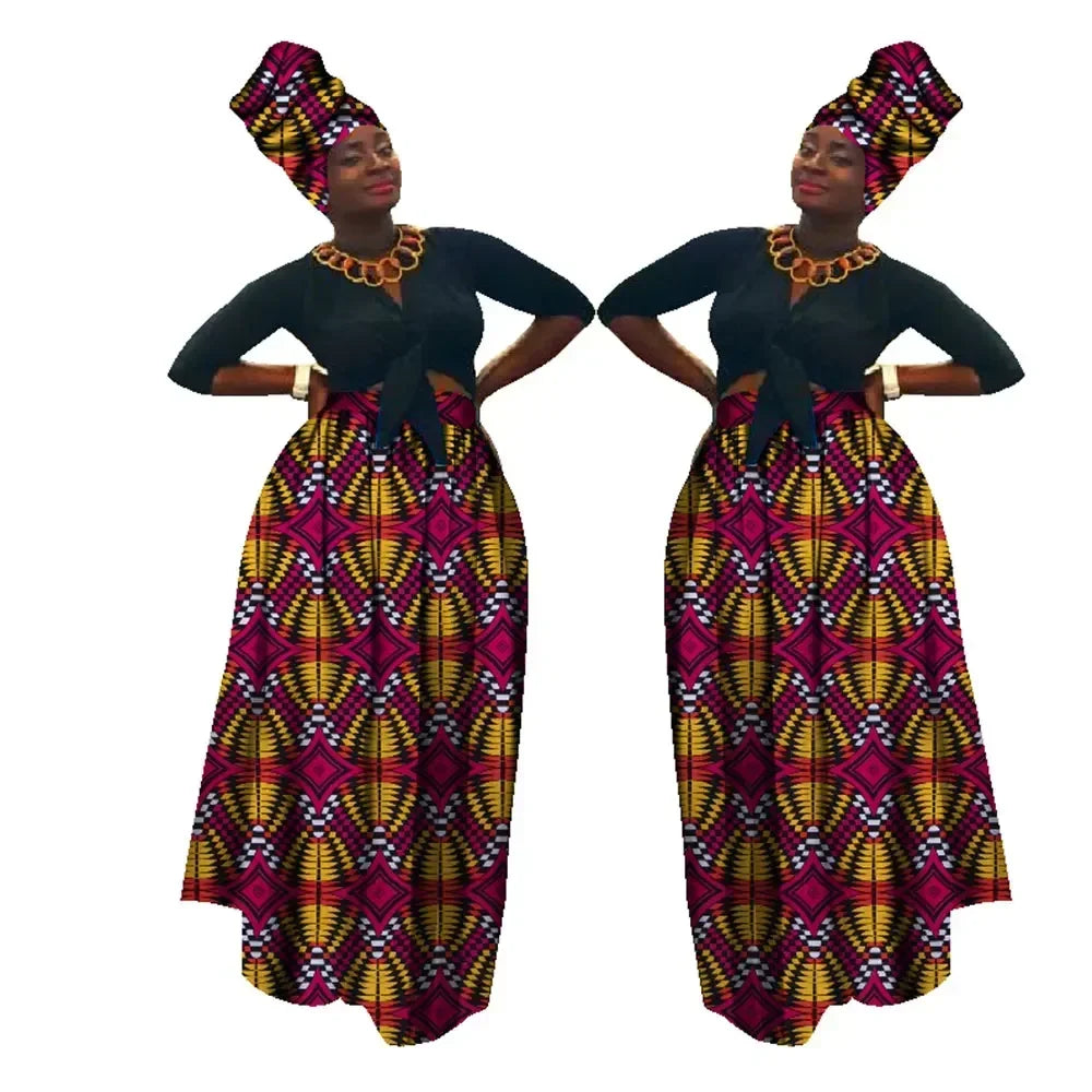 Dashiki African High Waist Ball Grown Skirt Bazin Riche African Skirt and African Headscarf 2 Pieces Lady Maxi Long Skirt WY1270