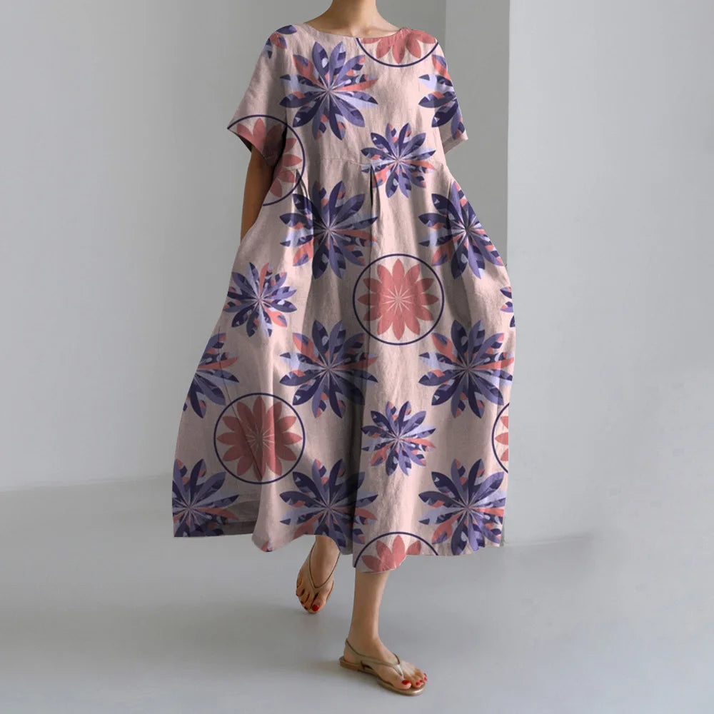 Maxy Summer New Bohemian Casual Dresses Vintage Women's Cotton Printed Dresses Womens Floral Long Dresses Round Neck Pullover Dresses