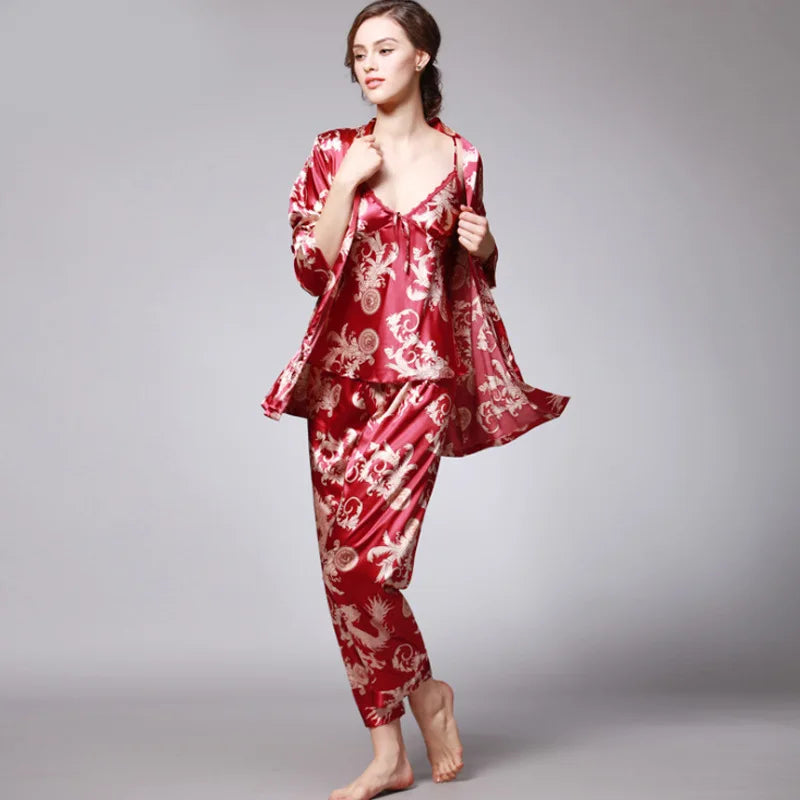 Amay Women's Silk Satin Pajamas Set 3 Pcs Floral Silky Pj Sets Sleepwear Cami Nightwear with Robe and Pant