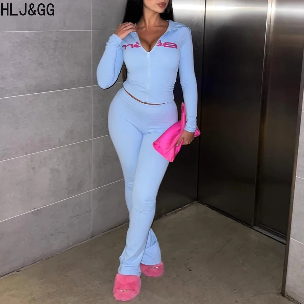 Maxy HLJ&GG Trend Y2K Letter Print Hooded Tracksuits Women Zipper Long Sleeve Slim Top And Skinny Pants Outfits Fashion Streetwear