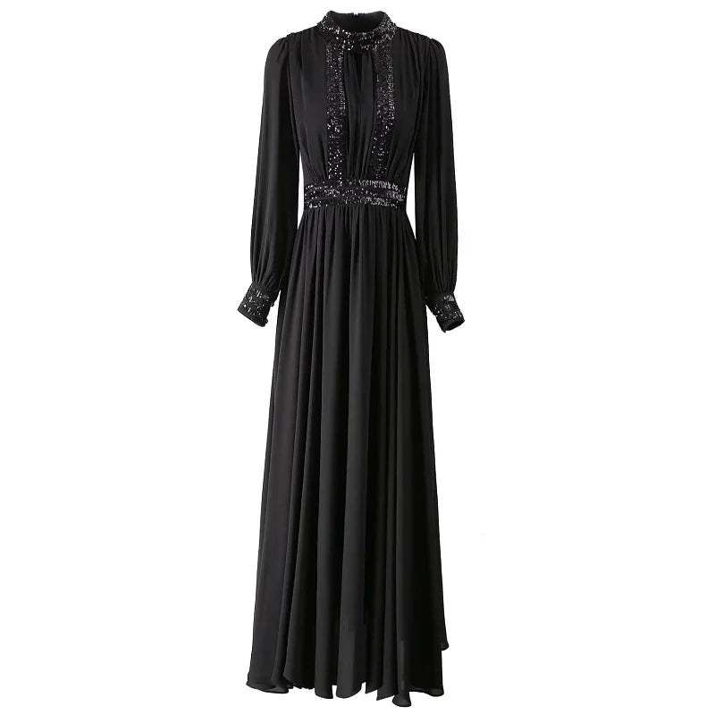 Amay Patchwork Sequined Formal Dresses for Women Stand Collar Hollow Out Long Sleeve High Waist Celebration Dresses Female