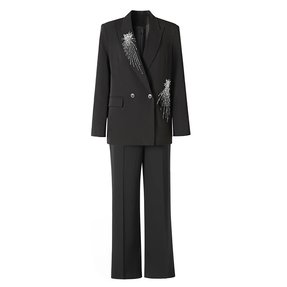 Maxy Runway Design European White Diamonds Beadings Black 2PCS Blazer Suits Luxury Street Two Pieces Pants Sets