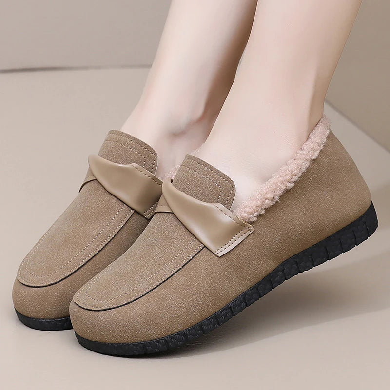 Maxy Winter Women's Soft Fur Lining Moccasins Suede Ladies House Warm Indoor Outdoor Anti Skid Loafers Slip On Flat Shoes