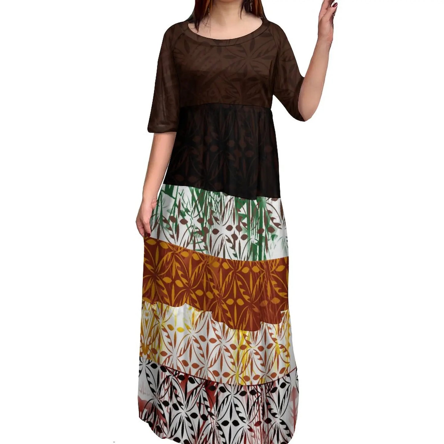 Maxy Customize Printed Logo Oem Dress Brown Polynesian Tribal Tattoo Dresses Ladies Flare Sleeve Round Neck Casual Mini Bodycon Dress