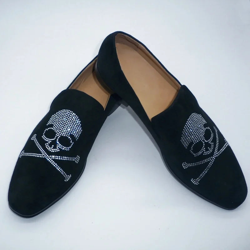 Visco Luxury Man Black Suede Shoes Skull Pattern Rhinestone Loafers For Men Handmade Crystal Shoes Mens Leather Casual Shoes