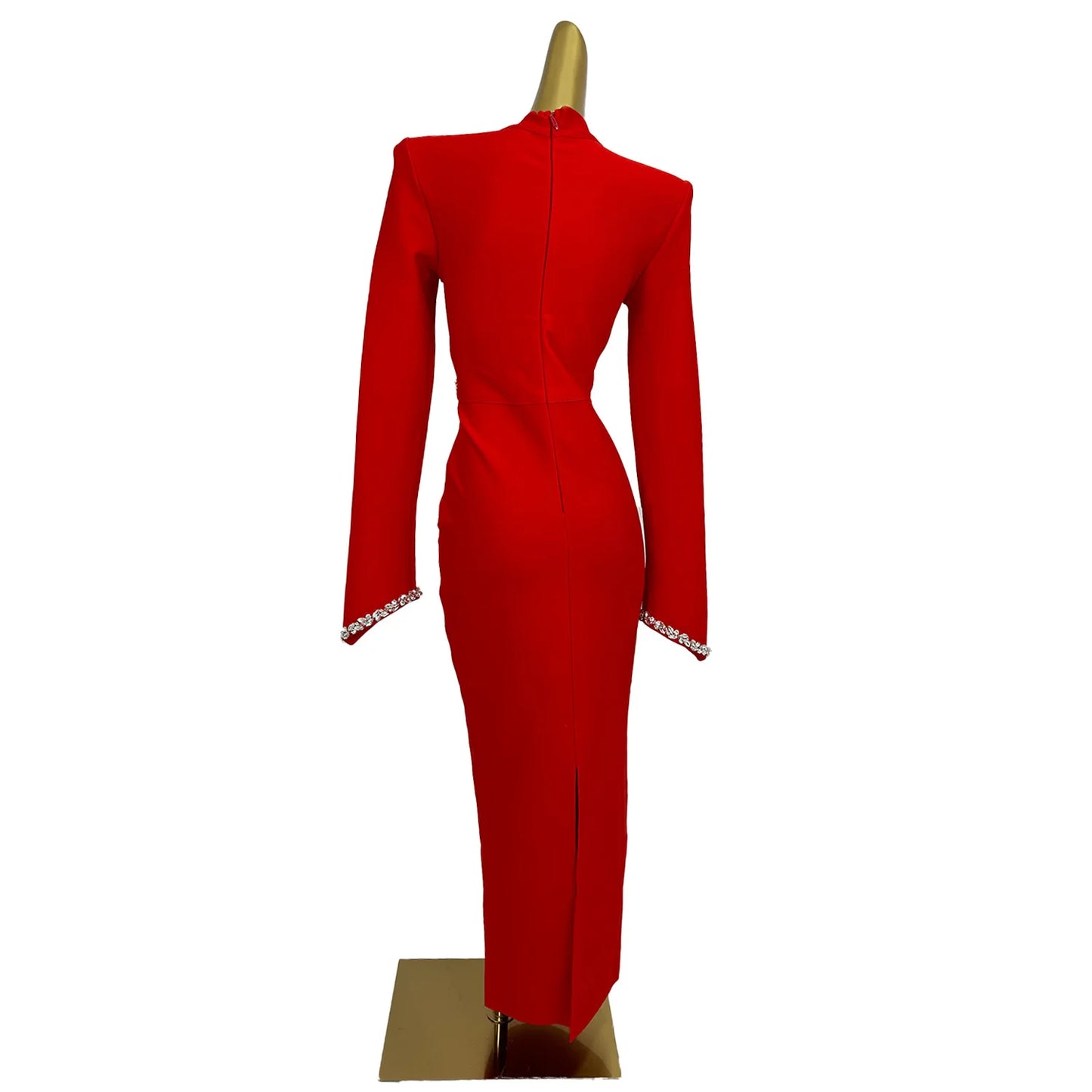Maxy Woman Red Elegant Maxy Diamonds Dresses Fashion Long Sleeved Pleasted Bandage Dress Slim Fit Causal Office Lady Robe