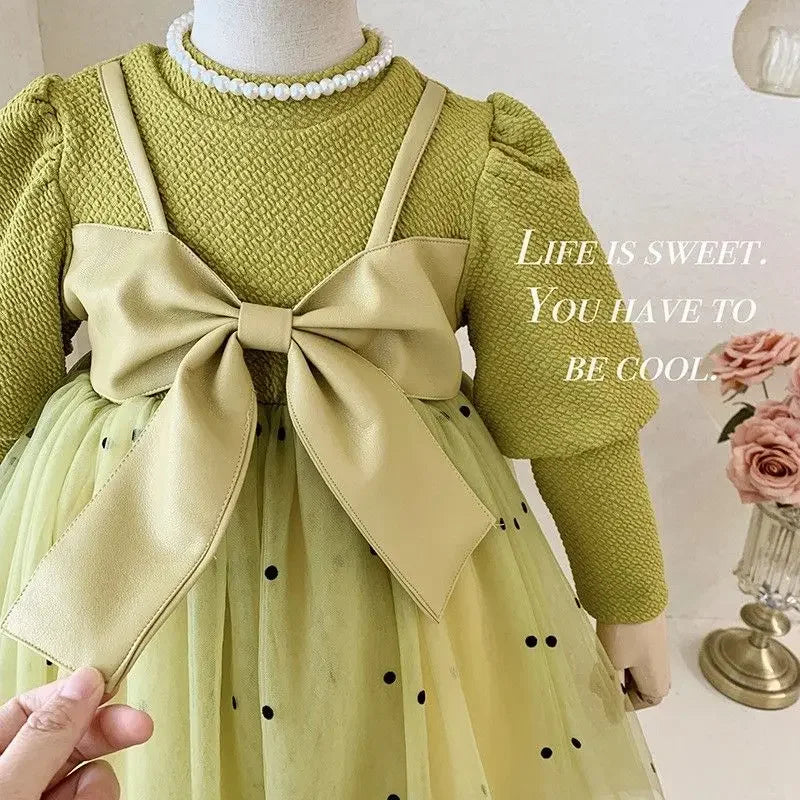 Maxy Children's Clothing Fake Two Pieces Solid Korean Kids Round Neck Patchwork Big Bow Long Sleeve Girls Party Fluffy Yarn Dresses