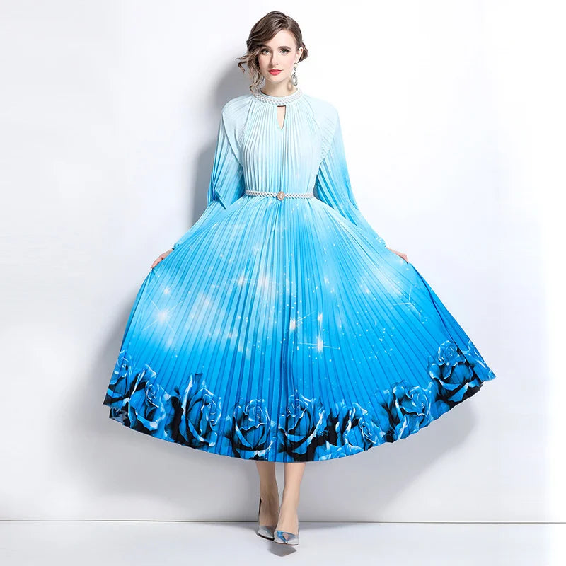 Maxy Premium Embroidered & Heat-Set Chiffon Dress for Women, Flowy Print with Pleats, Pearl-Button Accent, Elegant Maxy Skirt