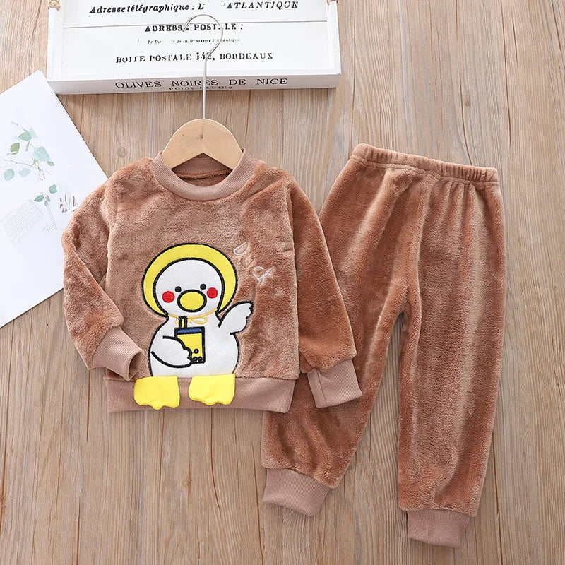 Babs Boy Clothing Set Autumn and Winter Velvet Thick Warm Casual Hooded Sweater Cartoon Cute Bear 3Pcs Toddler Girl Clothes Suit