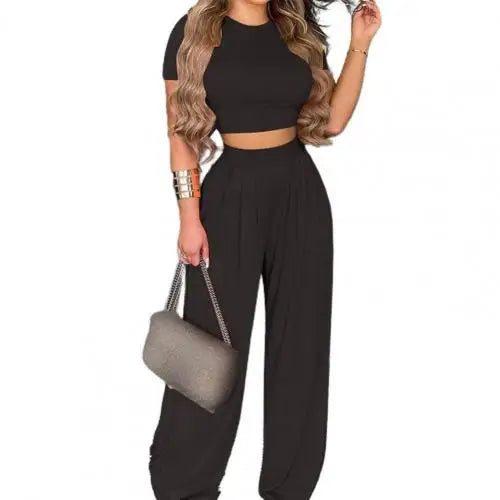 Maxy Summer Elegant Women Solid Casual Fitness Tracksuit Set Outfits Short Sleeve Crop Tops Trouser Flare Pants 2 Two Piece Set