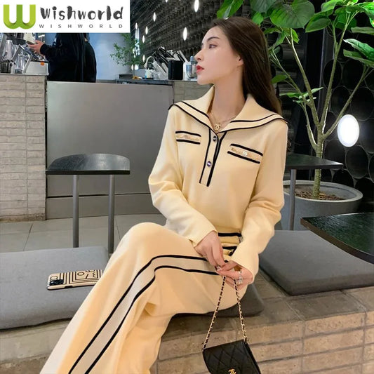 Amay Fashion Suit Women's Autumn and Winter New Style Western-style Age Reducing Navy Collar Top Long Pants Two-piece Set
