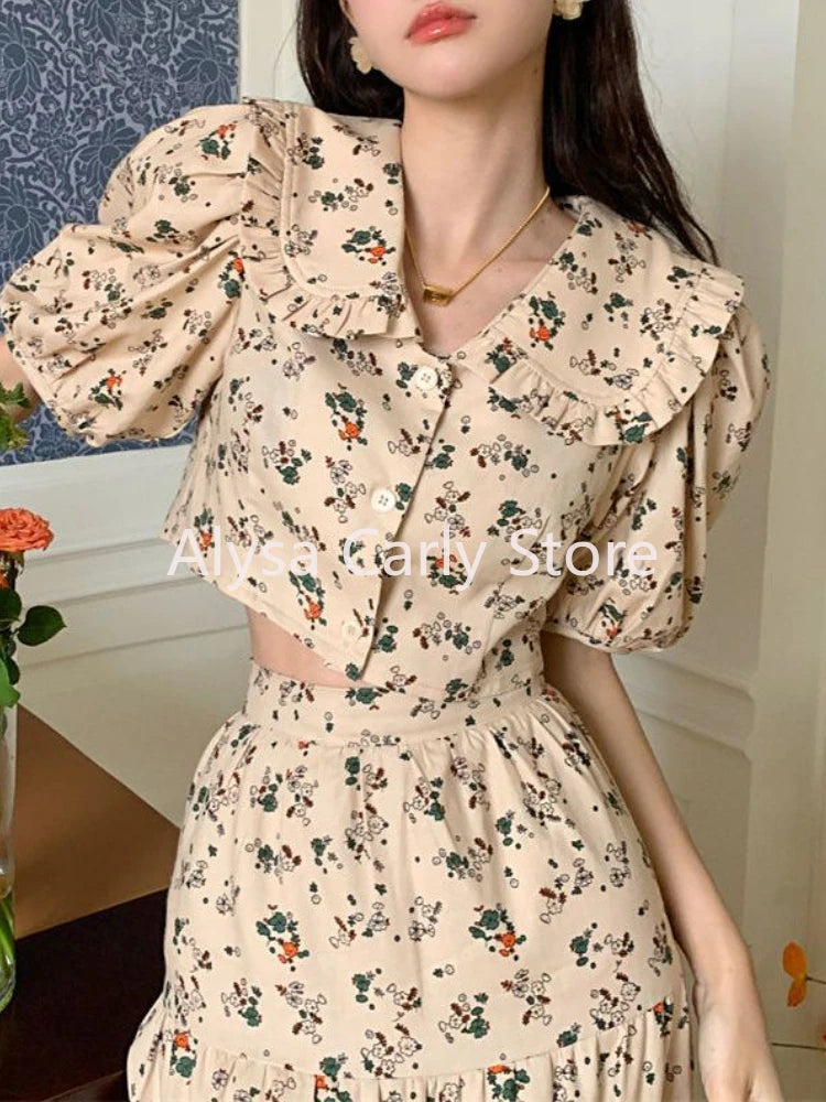 Maxy Vintage Floral Two Piece Set Women Elegant Cropped Top Slim A-line Long Skirt Sets Female Casual Sweet Printing Party Skirt Set