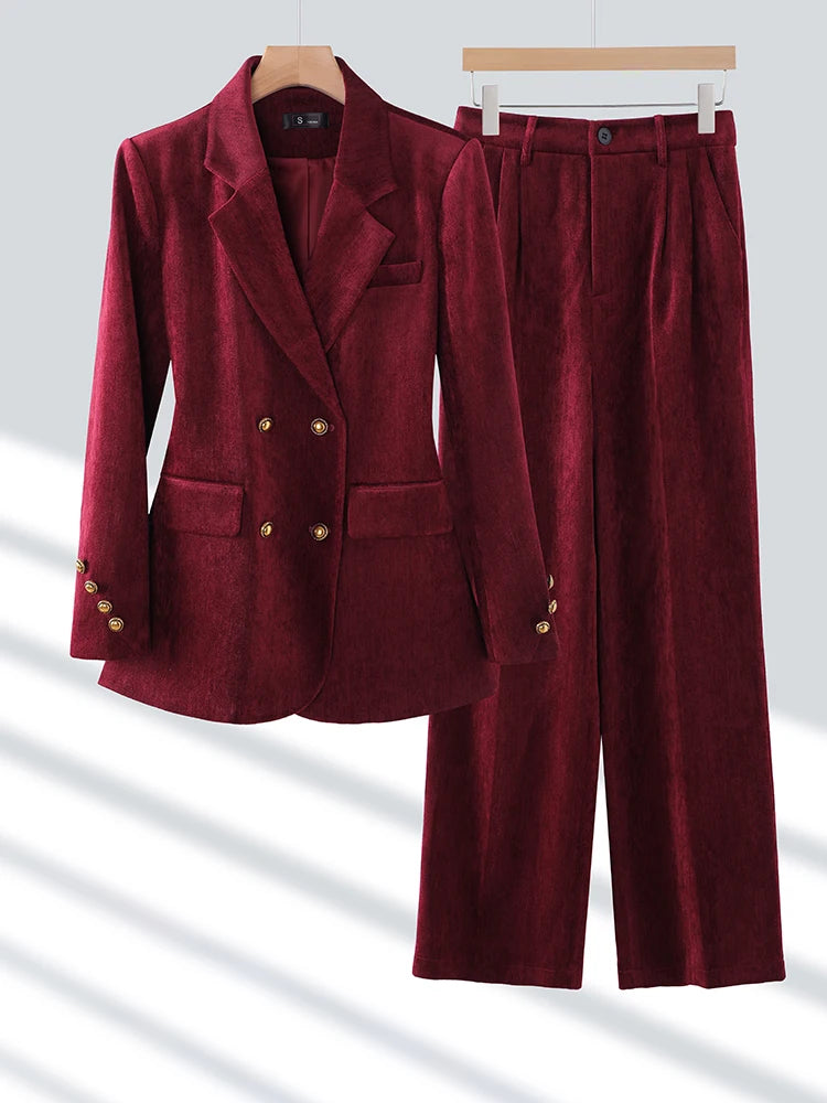 Maxy Fashion Winter Ladies Pant Suit Women Red Black Coffee Female Business Work Wear Jacket Blazer and Trouser Formal 2 Piece Set