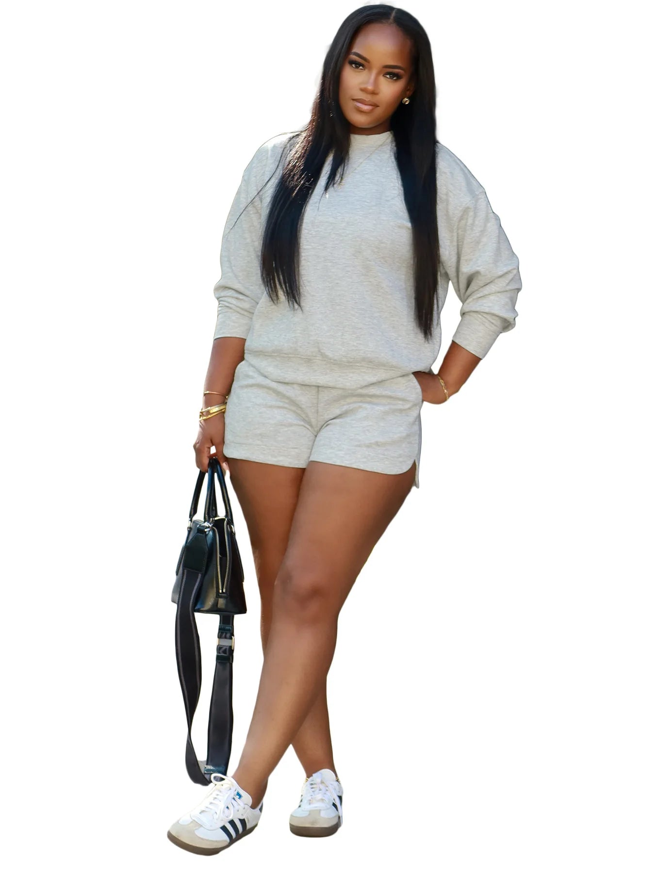 Maxy FLARORA Casual Sporty 2 Piece Sets Woman Solid Color O Neck Long Sleeve Pullovers And Drawstring Shorts Fall Street Tracksuits