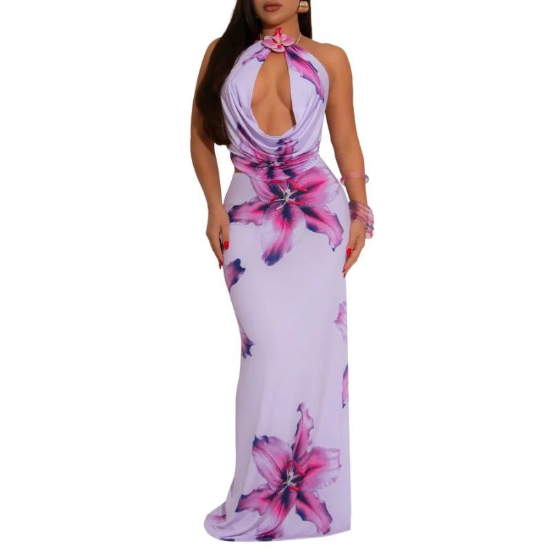 Maxy Floral Printed Street Women's Set U-Neck Crop Tops and Bodycon Long Skirts Suit Summer Birthday Holiday Two 2 Piece Set