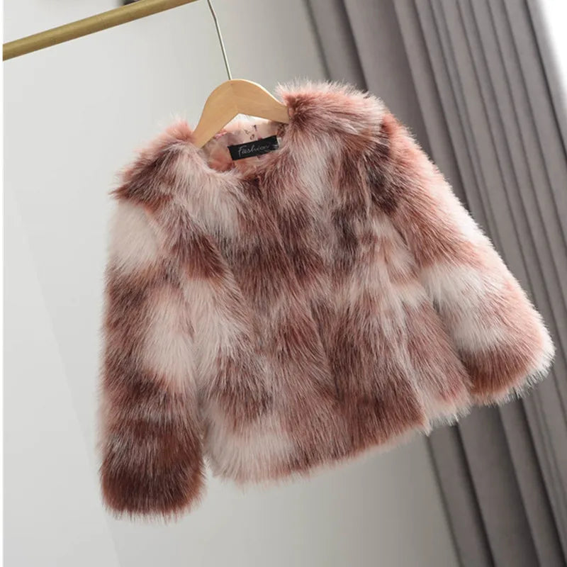 Maxy Kids Girls Faux Fur Jacket Winter Baby Patchwork Fleece Coat O Neck Elegant Toddler Girls Short Fashion Clothes Thick Warm 2822